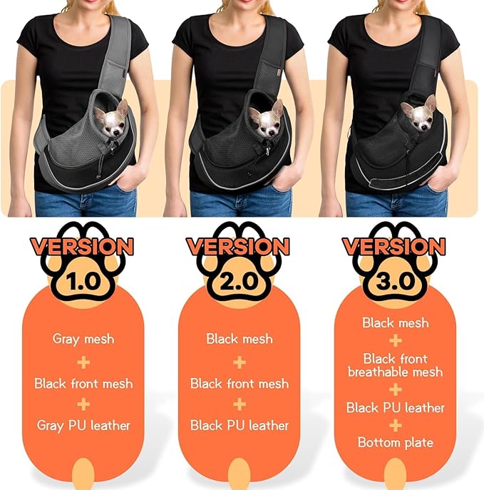 YUDODO Pet Sling Carrier for Small Dogs & Cats – Hands-Free Puppy Carrier with Safety Hook, Large Zipper Pocket, Soft Breathable Mesh, Adjustable Strap & Reflective Strip (Black 3.0 M)