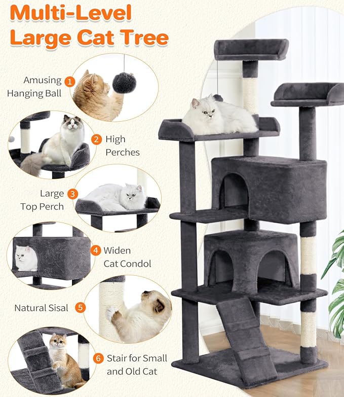 Made4Pets Cat Tree 54in Cat Tower for Indoor Cats Kitten Tree Multi-Level Cat Tree with 2 Condo Furniture Activity Center with Scratching Posts Funny Toys Kittens Pet Play House, Dark Grey