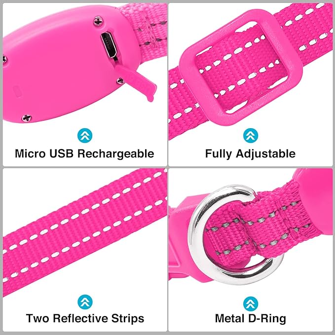 LED Dog Collar - Light Up, Adjustable, Rechargeable, Waterproof - Night Walking, Glow in Dark - Small, Pink