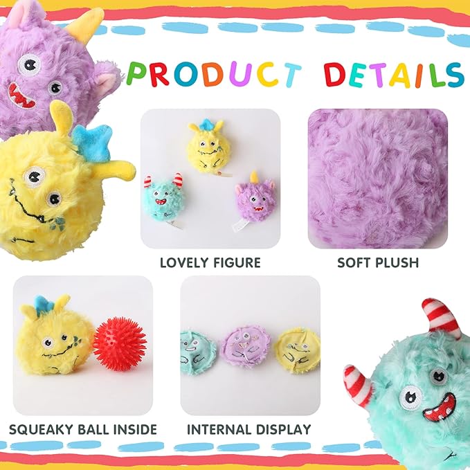 DKING 3Pack Squeaky Dog Balls,2 in1 Funny Puppy Ball Toys,Birthday Dog Toy for Small Medium Dogs (Monster Ball)