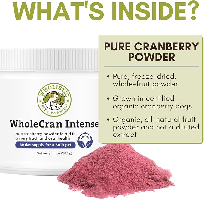 Wholistic Pet Organics WholeCran Intense: Organic Cranberry Powder for Dogs Urinary Tract Support Kidney Support for Dogs UTI Treatment Vitamin C and Antioxidants Dog Incontinence Product