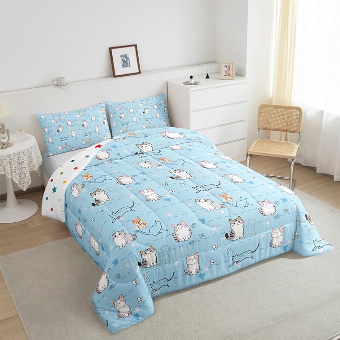 Erosebridal Cartoon Cute Bedding Twin Kawaii Cat Comforter Set for Boys Girls, Kids Kitten Down Comforter Geometric Stripe Lines Bed Set, Lovely Cat Dog Paws Quilted Duvet for Boys Girls, Blue 2pcs
