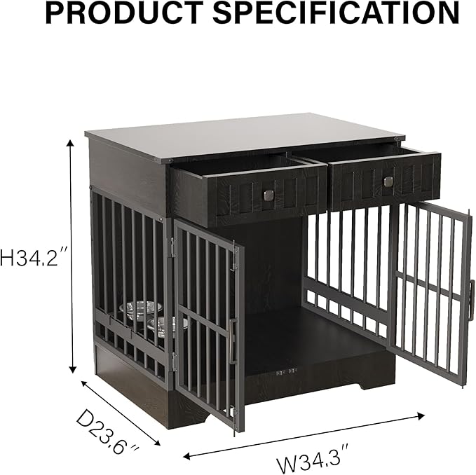 Dog Crate Furniture with 2 Drawers, 35.1" Indoor Wooden Animal Kennel with Detachable & Adjustable Feeder 2 Bowls, Large Medium Small Dog Cage End Table (Advanced Black)