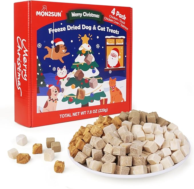 MON2SUN Christmas Dog and Cat Treats, Freeze-Dried Holiday Box Treats, Single Ingredient, High Protein Training Treats & Food Topper, 7.8 oz