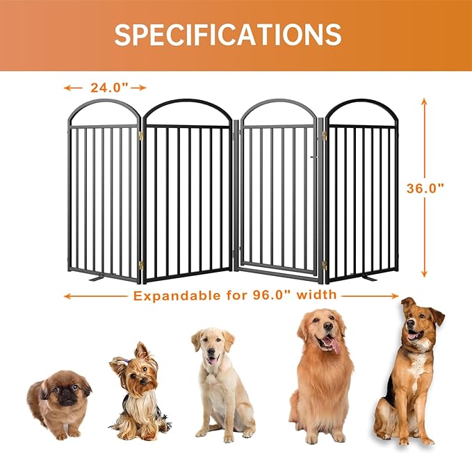 4 Panels Full Matel Freestanding Dog Gates with Door, 96"Extra Wide 36"Tall Free Standing Dog Pet Gate for Indoor & Outdoor. Foldable Pet Fences for Doorways, House, Stairs, Porch, Deck, Yard