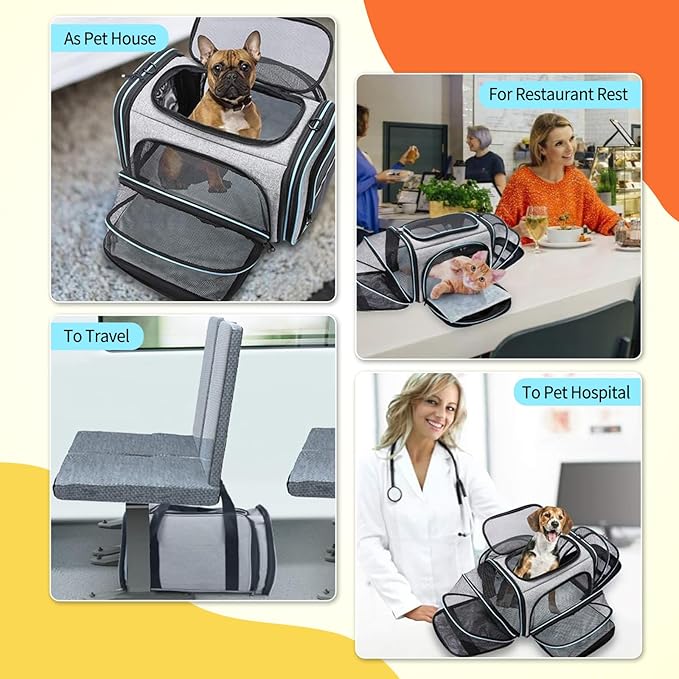 Pet Carrier Airline Approved, Expandable Foldable Soft-Sided Dog Carrier, 3 Open Doors, 2 Reflective Tapes, Pet Travel Bag Safe and Easy for Cats and Dogs