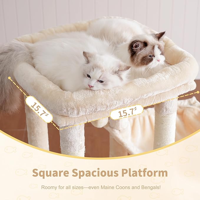 Heybly Heavy Duty Cat Tree, Tower for Indoor Cats Large Adult, Tall Cat Condo House with Extra-Large Baseboard, Multi-Level Plush Furniture with Scratching Posts, Hammock, Toy Ball, Beige HCT026M