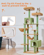 Taoqimiao Cat Tree, 71-Inch Cat Tree Cat Tower for Indoor Cats, Plush Multi-Level Cat Condo with 10 Scratching Posts, 2 Perches,Basket, 2 Caves,Hammock, 2 Pompoms,MS020T Cactus