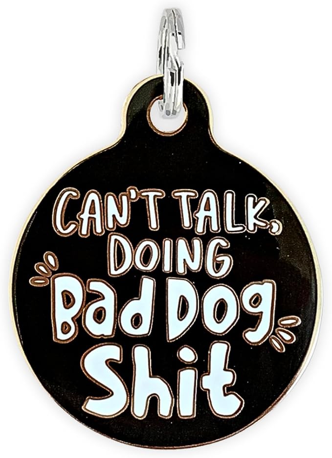 Personalized QR Code Dog Tags - Choose from 25+ Tag Designs - QR Code Links to Your Profile - Unique, Cute, Funny, Sassy Pet ID Tag (Can't Talk Doing Bad Dog Sh*t, Large (1.25 inch))