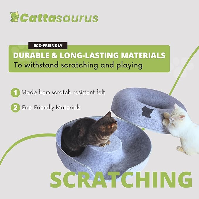 Cattasaurus Peekaboo Cat Cave, Extra Spacious for Multiple & Large Cats 12+ lbs, Scratch Detachable Beds for Indoor Cats, Washable Tunnel Bed, Comfy Cat Donut Tunnel (Light Gray+Dark Gray, Jumbo)