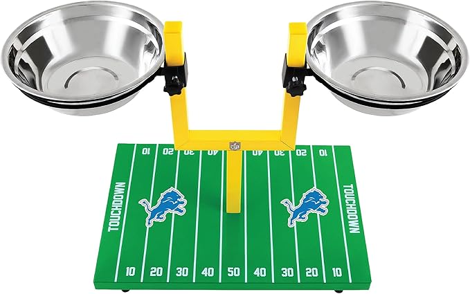 NFL Detroit Lions Goalpost Football Field Dog Feeder – Adjustable Elevated Dog Bowls with Stand, 2 Stainless Steel Bowls, Non-Slip Rubber Feet, Raised Pet Feeder for Large & Small Dogs, Cats.