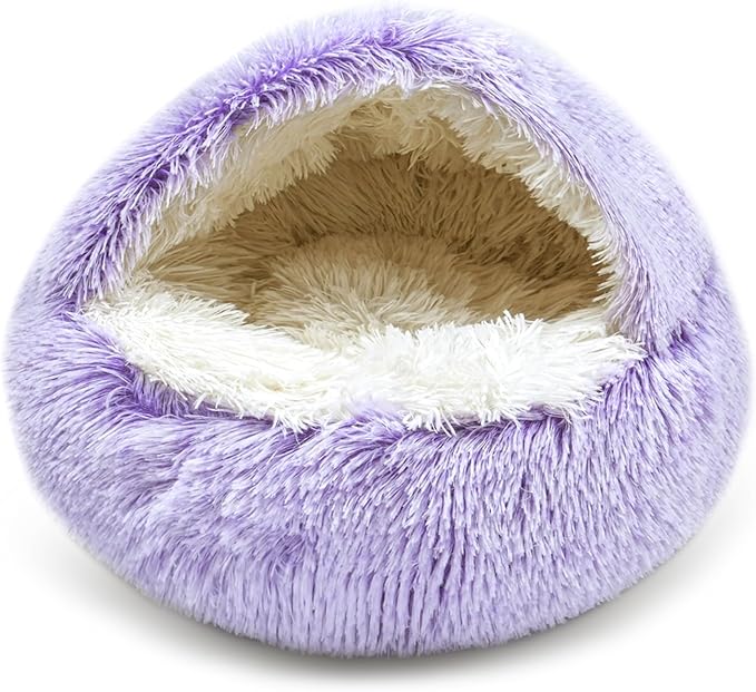 Cat Bed for Indoor Cats, Calming Cozy Cave with Self-Warming Plush, Entire Bed Machine Washable & Anti-Slip Base, Breathable Pet Bed for Small Cats&Dogs All Seasons (Purple, 24 * 24inch)