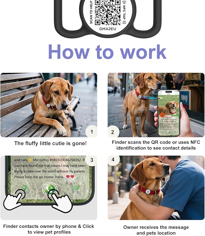 QR Code Dog Tag with NFC, Personalized Pet ID Tag, Silent Dog ID Tag, Modifiable Pet Online Profile, Multiple Emergency Contact, Scan QR Code Send GPS Location Email (Regular, Black&White)