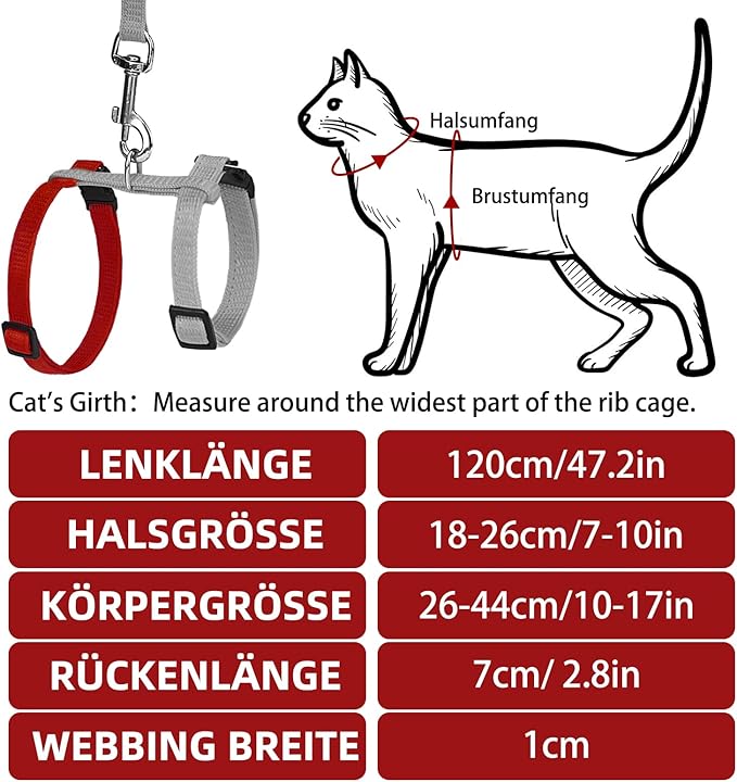 PUPTECK Adjustable Cat Harness and Leash Set Escape Proof Kitten Strap Collar for Walking Travel, Grey/Red Mixed
