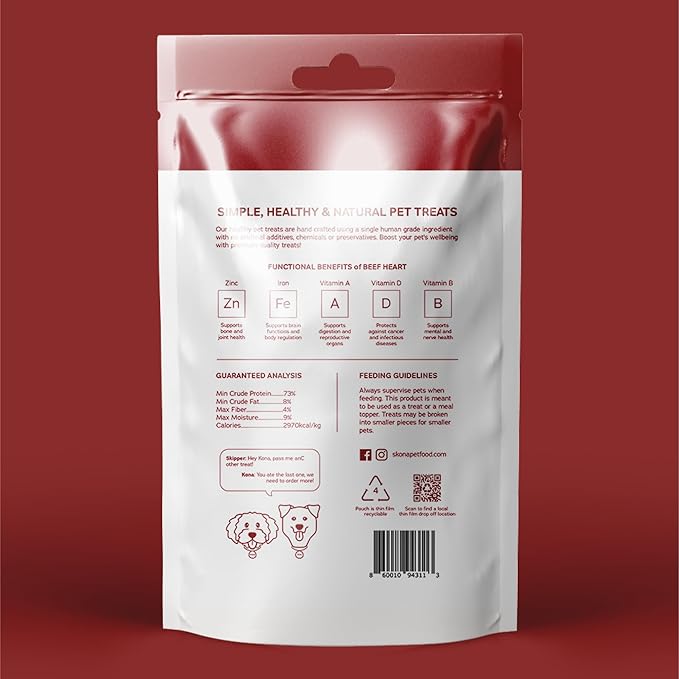 Skona PetFood Beef Heart Jerky Dog Treats & Cat Jerky Treats, High Protein, Single-Ingredient Training Snacks, Grain-Free, USA Made, Rich in Taurine, Supports Digestion & Dental Health, 4oz