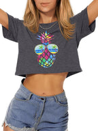 Womens Summer Crop Tops Short Sleeve Round Neck T-Shirts Loose Fit Casual Blouse