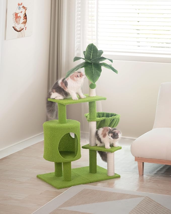 Cat Tree for Indoor Cats with Green Leaves, 40'' Cat Tower with Scratching Post, Cozy Cat Condo and Hammock, Cat Tree Tower with Hanging Ball and Bell for Kittens