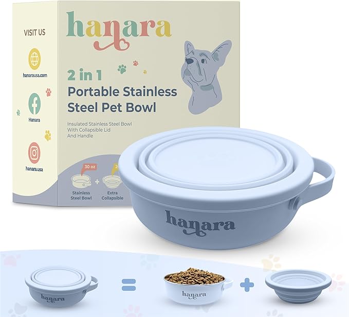2-in-1 Insulated Dog Bowl with Collapsible Lid & Handle – Stainless Steel, Non-Slip Rubber Base – Portable Pet Water & Food Bowl for Dogs & Cats – 30 OZ + 20 OZ – Indoor & Outdoor (Blue)