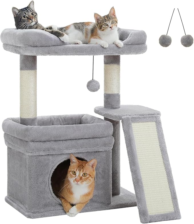 PEQULTI Small Cat Tree Tower for Large Adult Cats with Wide Top Perch, Private Cat Condo and Sisal Scratching Post&Pad for Indoor Cats, Gray