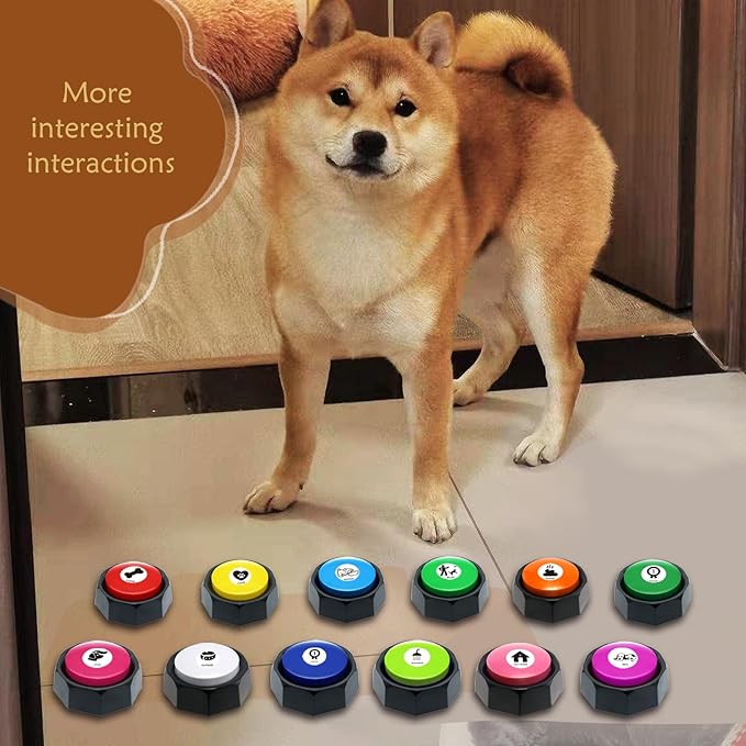 12 Color Pet Communication Buttons, Dog Buttons with 3-Mode Switch (Play/Off/Record), Talking Recordable Buttons, Includes 45 Training Stickers & Batteries for Effective Training