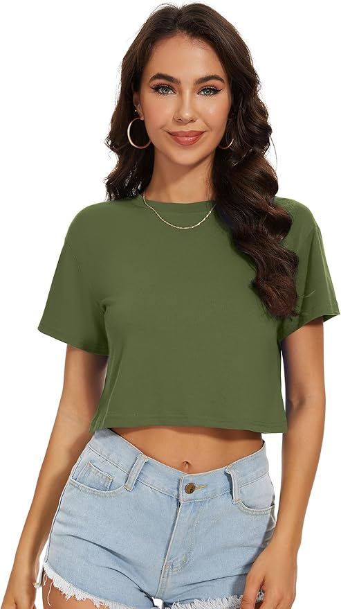 Womens Summer Crop Tops Short Sleeve Round Neck T-Shirts Loose Fit Casual Blouse
