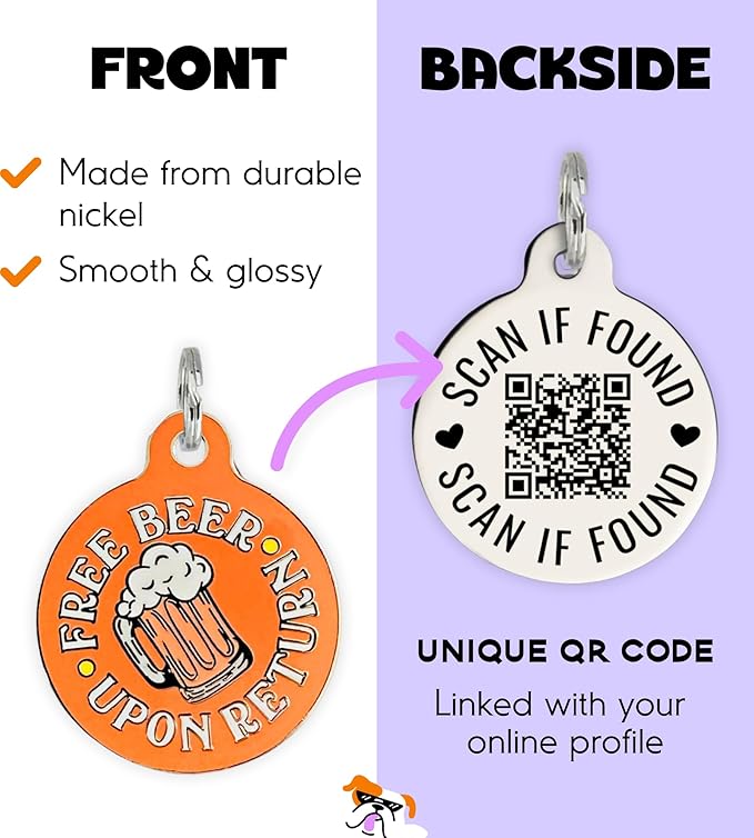 Personalized QR Code Dog Tags - Choose from 25+ Tag Designs - QR Code Links to Your Profile - Unique, Cute, Funny, Sassy Pet ID Tag (Free Beer Upon Return with Mug, Large (1.25 inch))