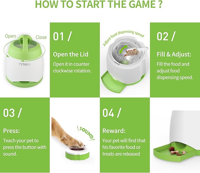PETGEEK Automatic Dog Treat Dispenser with Button - Puzzle Memory Training Feeder, Pet Geek Button Treat Food Dispensing Toys Interactive, Iq Training Dog Feeder (Green)
