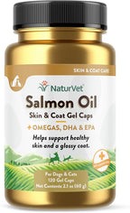 NaturVet Salmon Oil Pet Supplement for Healthy Skin, Glossy Coats – Dog Coat Supplement, Cat Skin Supplement – Includes Omega-3, 6, 9, Source of DHA, EPA – 120 Ct. Gel Caps