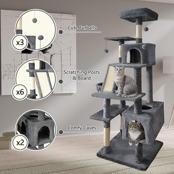 70" Cat Tree Tower for Indoor Cats, Multi-Level Cat Tower Condo with Sisal Scratching Post (Dark Gray)