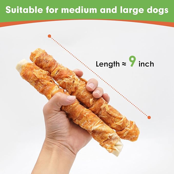 MON2SUN Dog Treats, 9 Inch Chicken Wrapped Rawhide Rolls Snacks, Teeth Cleaning and Long Lasting Chews for Medium and Large Dogs, 23.28oz (6 Count-Pack of 1)