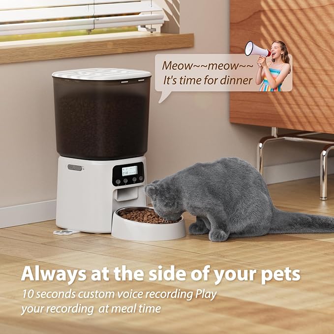 Automatic Cat Feeder,4L Timed Cat Dry Food Dispenser,Pet Feeder up to 6 Meals and 30 Portions per Day,10S Voice Record,Flexible Schedule Timer,Dual Power,Stainless Steel Bowl, for Cats and Small Dogs