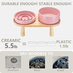 Ceramic Slow Feeder and Water Bowl Set for Small Dogs, Ceramic Dog Bowls Elevated with Wooden Stand, 0.6 Cups Dog Slow Feeder(14oz) and 30oz Water Bowl Set, Pink