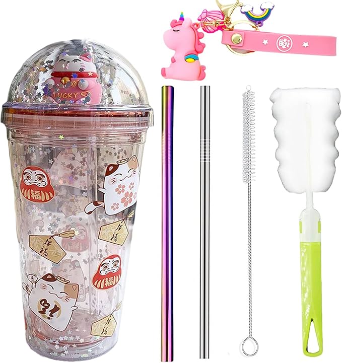 Cat Drink Cups with Straw Travel Tumblers Cups Cartoon Party Cup Ice Coffee Mug Water Bottle Birthday Gift (pink cat, 430ml cat)