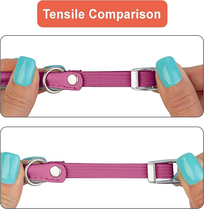 OOPSDOGGY Rolled Leather Cat Collar with Bell, Reflective Kitten Collars with Buckle Include Safety Elastic Strap - Adjustable Small Pet Collars for Boy Girl Cats (Fucsia)
