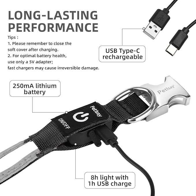PetIsay LED Dog Collar Metal Buckle - Heavy Duty Light up Collars - Rechargeable IP68 Waterproof - Lighted Dog Collar for Night Walking, Hiking, Camping (Medium, White)