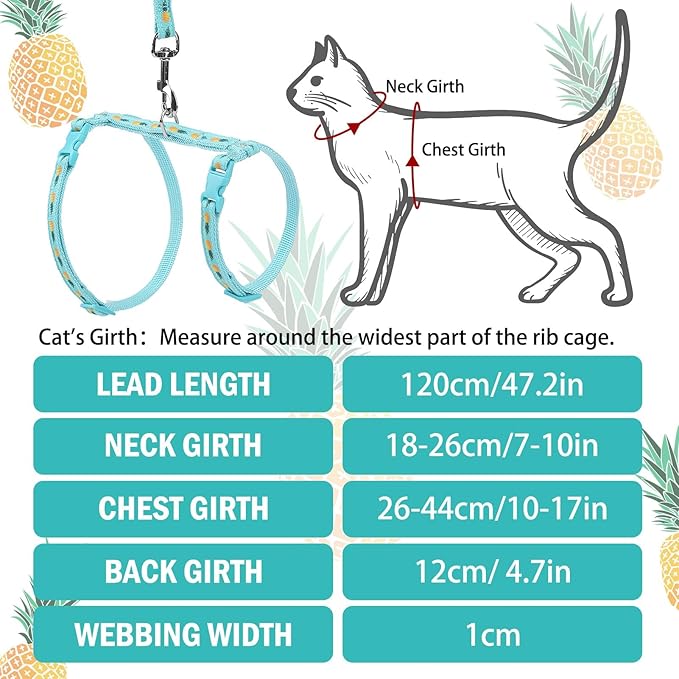 PUPTECK Adjustable Cat Harness and Leash Set Escape Proof Kitten Strap Collar for Walking Travel, Pineapple