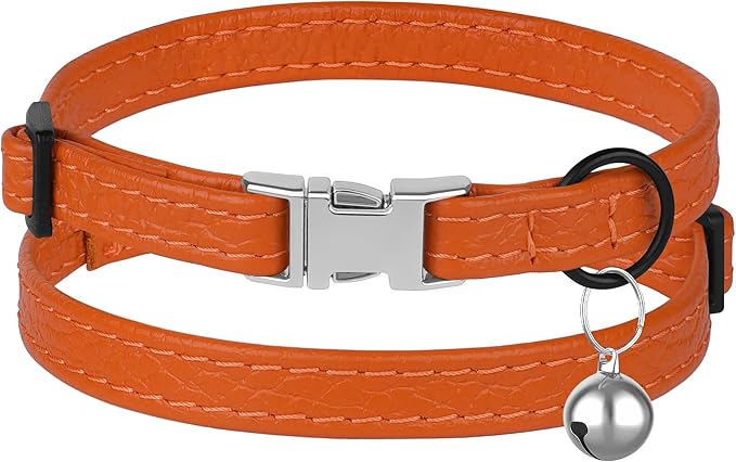 Leather Cat Collar with Buckle and Removable Bell - Non Breakaway Adjustable Soft Safety Small Pet Collars for Girl Boy Cats Kitten (Orange)