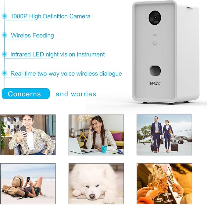 Iseebiz Pet Camera Treat Dispenser, 2.4G & 5G WiFi Dog Camera with 2 Way Audio Talk Listen, 1080P Night Vision Cat Dog Cam, App Control Tossing, Multi Devices Login, Compatible with Alexa, Upgraded