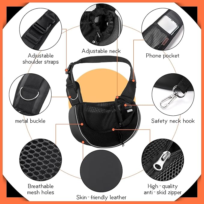 YUDODO Pet Sling Carrier for Small Dogs & Cats – Hands-Free Puppy Carrier with Safety Hook, Large Zipper Pocket, Soft Breathable Mesh, Adjustable Strap & Reflective Strip (Black 3.0 M)