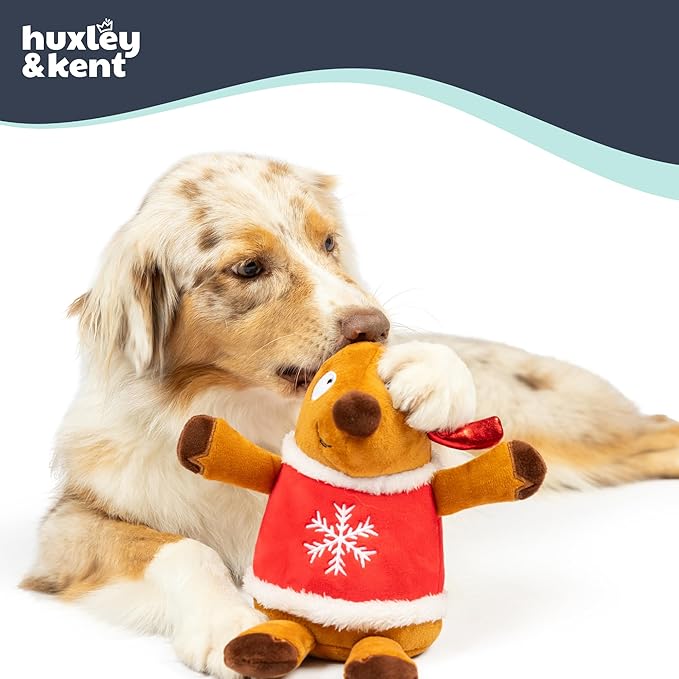 Huxley & Kent Funny Dog Toy w/Squeaker – Holiday Power Plush Squeaky Dog Toys for Small, Medium & Large Dogs – Soft Stuffed Animal for Indoor Play & Fetch - Rocky Reindeer, Small