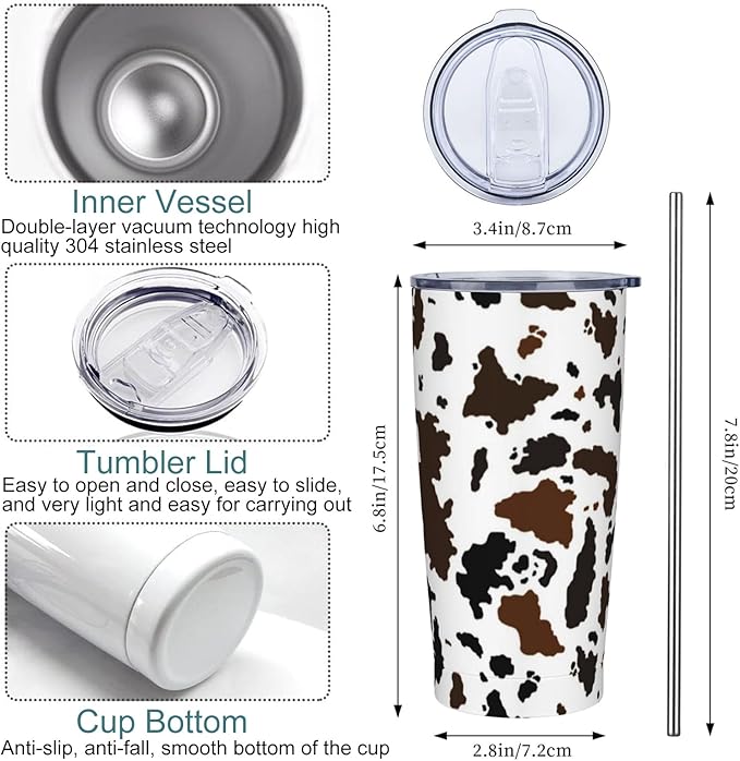 Cow Print Tumbler with Lid and Straw, 20 Oz Cup Stainless Steel Insulated Water Bottle Coffee Mug