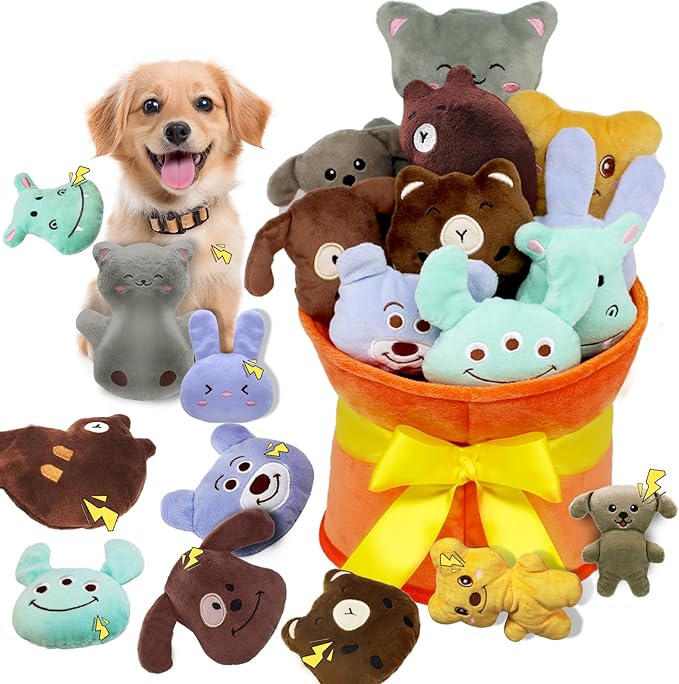 Squeaky Dog Toys, 11 Pcs Interactive Dog Plush Toy Collection in Flower Bouquet Packaging,10 Adorable Animal Plushies for Endless Play & Training