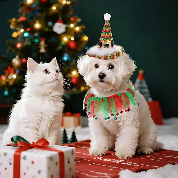 2Pcs Dog Shiny Christmas Hat and Tutu Collar Set, Pet Cats & Small Dogs Christmas Outfit Costume for Xmas Holiday Birthday Party