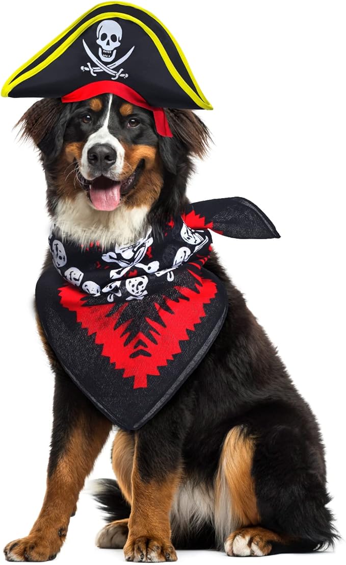 2 Pieces Skull Print Pet Pirate Hat with Pirate Skull Bandana Dog Cat Captain Cap Halloween Pirate Cosplay Costume Halloween Party Hat Dress Up Costume Accessories (C) One Size