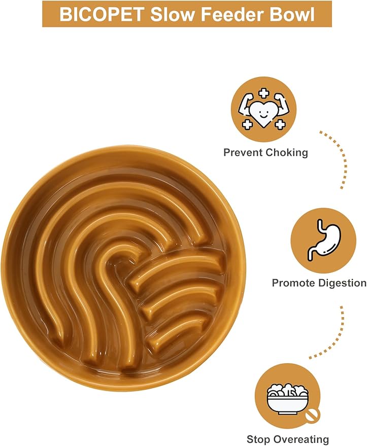 Ceramic Maze Dog Slow Feeder with Non-Slip Silicone Rim (& Bamboo Stand) – Heavy-Duty Stoneware Bowl with Puzzle Pattern for Bloating & Obesity Prevention (Raised-Orange-M)