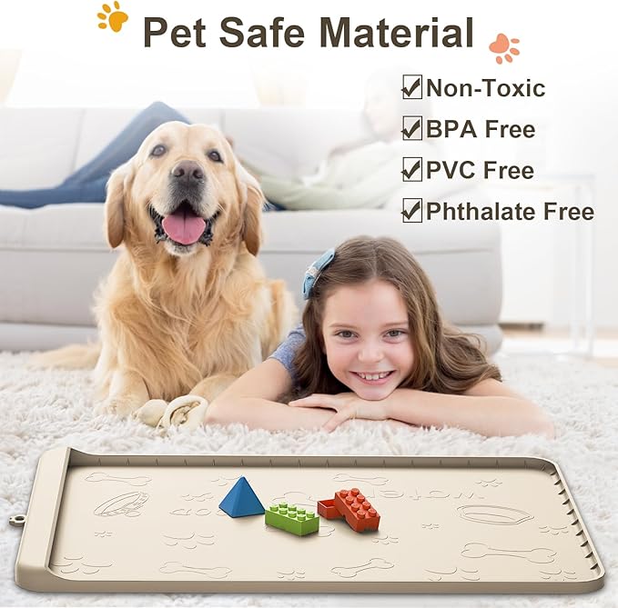 Silicone Dog Feeding Mat - 36" x 24" Large Pet Mat with Residue Collection Pocket and High Edges - Waterproof Mat for Dog and Cat Bowls