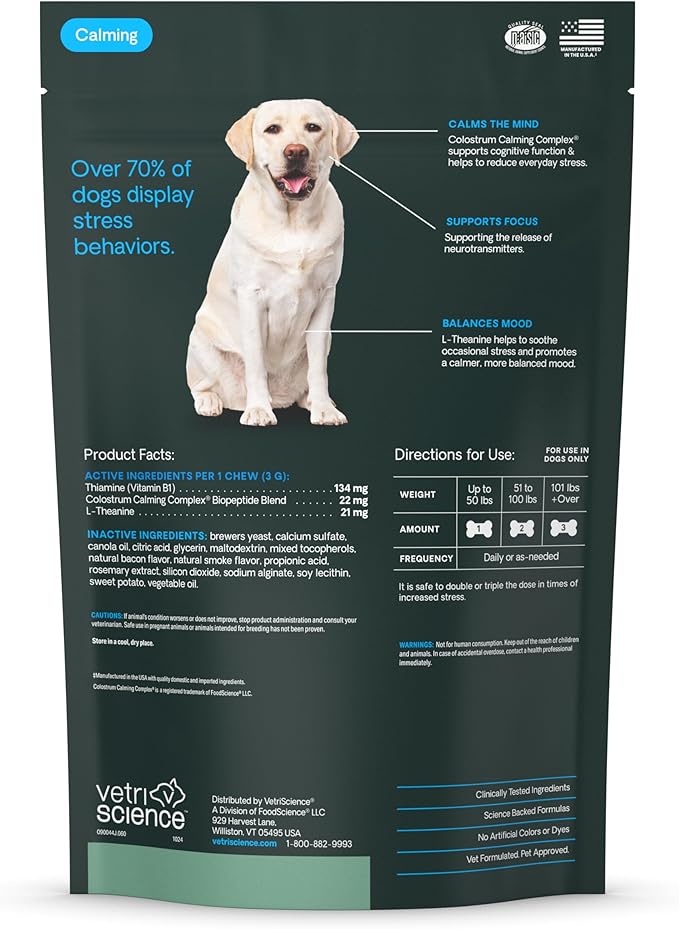 VetriScience Calm & Confident Chews, Composure Clinically Tested Calming and Anxiety Supplement for Dogs, Reduce Stress and Fear, Ideal for Thunderstorms, Fireworks and Travel, Bacon, 120 Count