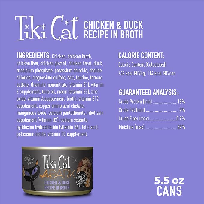 Tiki Cat After Dark, Chicken & Duck, High-Protein and 100% Non-GMO Ingredients, Wet Cat Food for Adult Cats, 5.5 oz. Cans (Pack of 8)