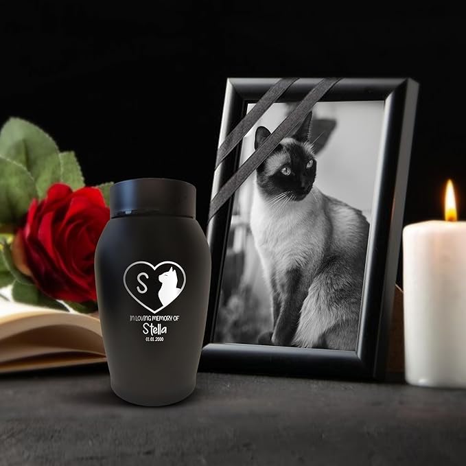 Personalized Custom Small Keepsake Urn Engraved with Pet Name, Date and Cat Design - 5.2" Black Powder Coated Steel Cremation Urn for Cat Ashes - Airtight Closure | 12-16 lb Capacity, Cat Paw + Heart