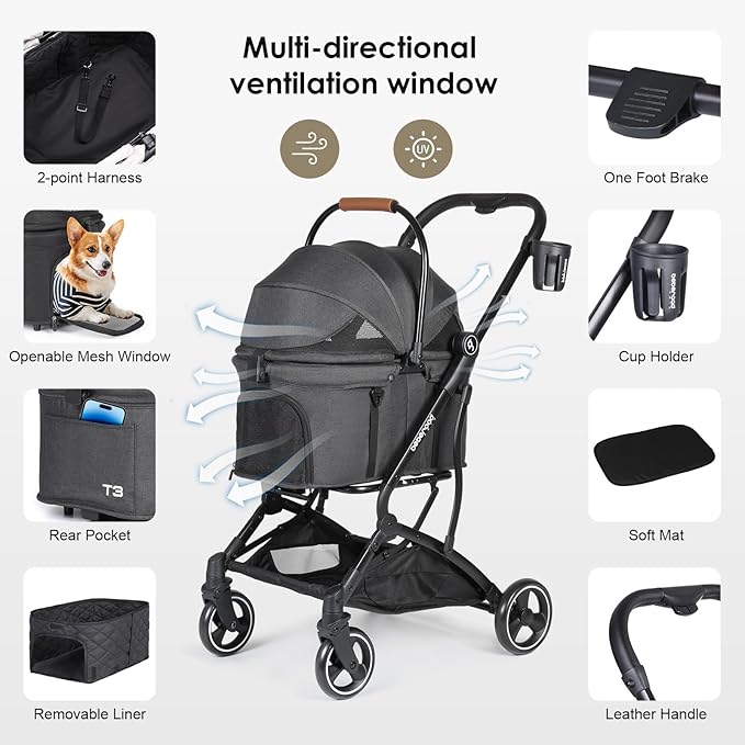T3 Foldable Pet Stroller for Small Dogs & Cats – 3-in-1 Lightweight Design, 180° Canopy & Detachable Carrier (Black)